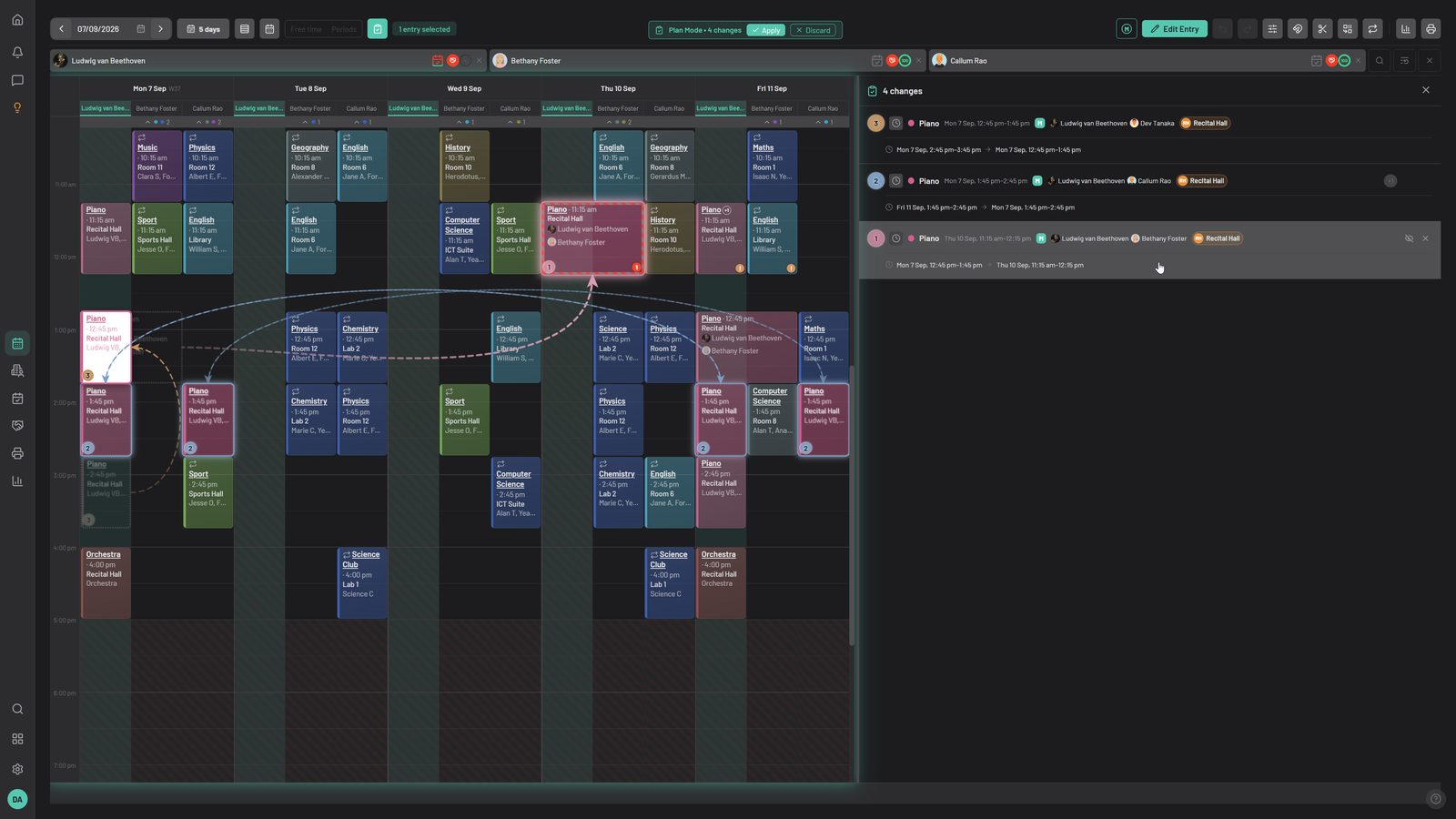 Plan mode, with staged changes shown against the live timetable.